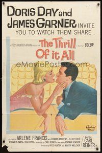 1w880 THRILL OF IT ALL 1sh '63 wonderful artwork of Doris Day kissing James Garner!