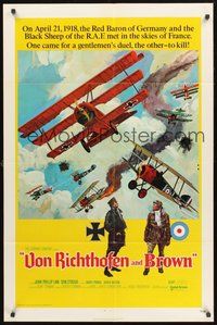 1w929 VON RICHTHOFEN & BROWN 1sh '71 cool artwork of WWI airplanes in dogfight!