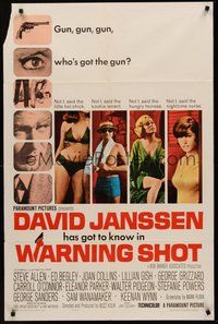 1w949 WARNING SHOT 1sh '66 David Janssen, Joan Collins, sexy girls, who's got the gun?