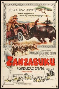 1w994 ZANZABUKU 1sh '56 Dangerous Safari in savage Africa, art of rhino ramming jeep!