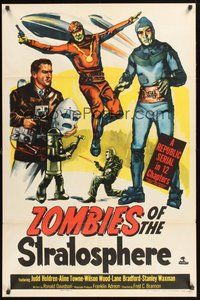 1w997 ZOMBIES OF THE STRATOSPHERE 1sh '52 Republic serial, great art of aliens with guns!