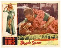 1x381 BLONDE SINNER LC '56 close up of sexy bad girl Diana Dors on bed hugging guy!