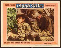 1x428 CHINA GATE LC #7 '57 Samuel Fuller, c/u of Gene Barry & Nat King Cole with guns in jungle!