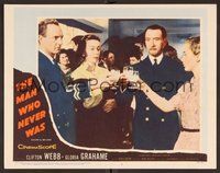 1x731 MAN WHO NEVER WAS LC #3 '56 Clifton Webb, Gloria Grahame toasting with a man & woman!
