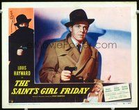 1x879 SAINT'S GIRL FRIDAY LC #2 '54 best close up of Louis Hayward in trench coat pointing gun!