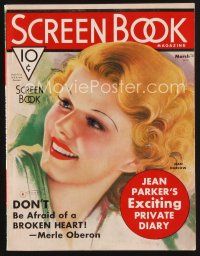 1y070 SCREEN BOOK magazine March 1936 artwork portrait of beautiful Jean Harlow by Mozert!