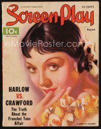 1y075 SCREEN PLAY magazine August 1934 great close up artwork portrait of Claudette Colbert!
