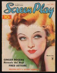 1y076 SCREEN PLAY magazine September 1935 great close up artwork portrait of sexy Myrna Loy!