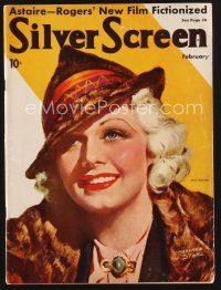 1y085 SILVER SCREEN magazine February 1936 artwork of sexy smiling Jean Harlow by Marland Stone!