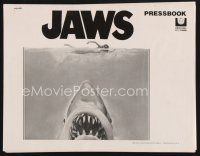 1y128 JAWS pressbook '75 art of Steven Spielberg's classic man-eating shark attacking sexy swimmer!
