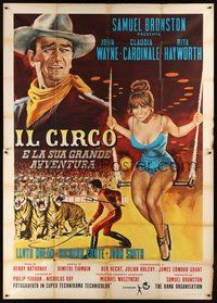 1z523 CIRCUS WORLD Italian 2p '65 different art of sexy Claudia Cardinale & John Wayne!