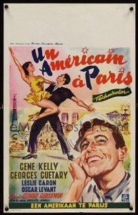 2b442 AMERICAN IN PARIS Belgian '51 wonderful Wik art of Gene Kelly dancing with sexy Leslie Caron