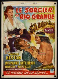 2b447 ARROWHEAD Belgian '53 art of Charlton Heston fighting Native American Jack Palance!