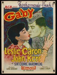 2b504 GABY Belgian '56 wonderful close up art of soldier John Kerr kissing Leslie Caron!