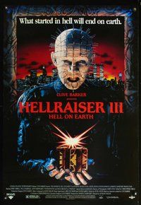 2b166 HELLRAISER III: HELL ON EARTH video 1sh '92 Clive Barker, great c/u of Pinhead holding cube!