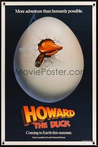 2b046 HOWARD THE DUCK teaser 1sh '86 George Lucas, great art of hatching egg with cigar in mouth!