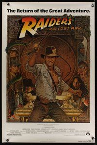 2b070 RAIDERS OF THE LOST ARK 1sh R82 great art of adventurer Harrison Ford by Richard Amsel!