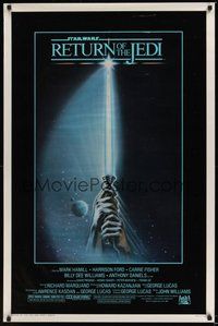 2b072 RETURN OF THE JEDI 1sh '83 George Lucas classic, great art of hands holding lightsaber!