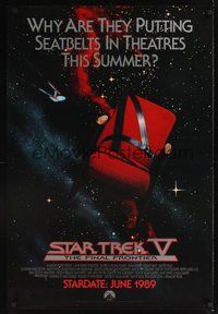2b225 STAR TREK V advance 1sh '89 The Final Frontier, image of theater chair w/seatbelt!