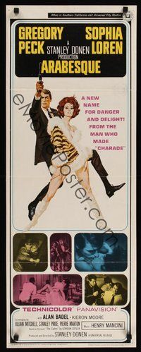 2d030 ARABESQUE insert '66 Gregory Peck, sexy Sophia Loren, ultra mod, ultra mad, ultra mystery!