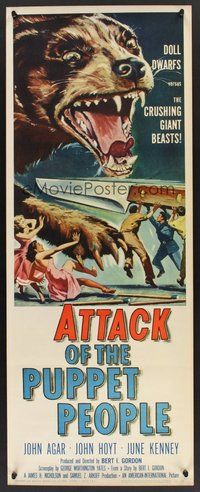 2d032 ATTACK OF THE PUPPET PEOPLE insert '58 AIP, art of tiny people w/steak knife attacking dog!