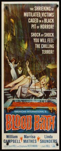 2d063 BLOOD BATH insert '66 AIP, art of sexy shrieking girl being lowered into a pit of horror!