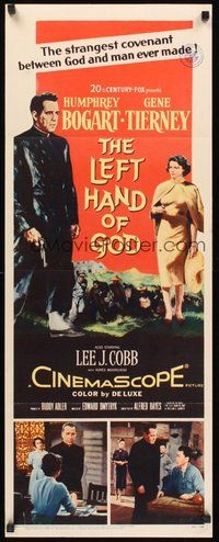 2d244 LEFT HAND OF GOD insert '55 art of priest Humphrey Bogart holding gun + sexy Gene Tierney!
