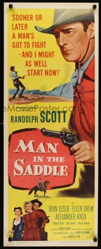 2d276 MAN IN THE SADDLE insert R59 cowboy Randolph Scott in western action, Joan Leslie!