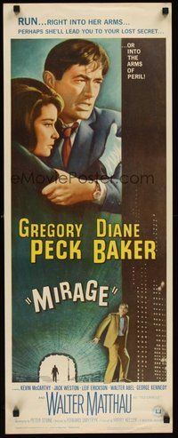 2d301 MIRAGE insert '65 Gregory Peck, Diane Baker, linked by a secret neither one knows!