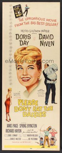 2d382 PLEASE DON'T EAT THE DAISIES insert '60 art of pretty smiling Doris Day, David Niven w/dog!
