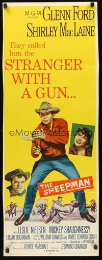 2d508 SHEEPMAN insert '58 cool art of Glenn Ford pointing smoking gun, Shirley MacLaine!