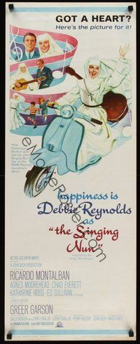2d524 SINGING NUN insert '66 great artwork of Debbie Reynolds with guitar riding Vespa!