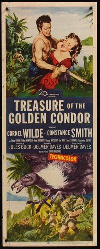 2d668 TREASURE OF THE GOLDEN CONDOR insert '53 art of Cornel Wilde grabbing girl & attacked by snake