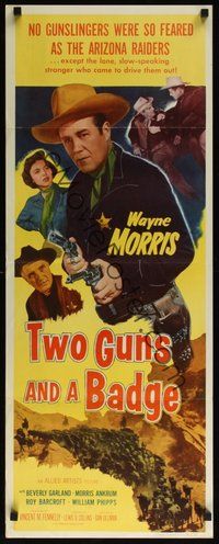 2d679 TWO GUNS & A BADGE insert '54 close up of cowboy Wayne Morris pointing two guns!