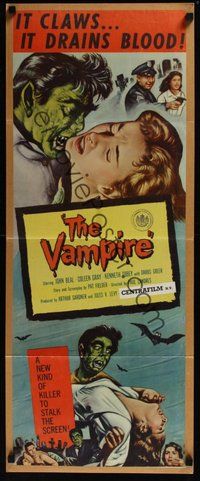 2d697 VAMPIRE insert '57 John Beal, it claws, it drains blood, cool art of monster & victim!