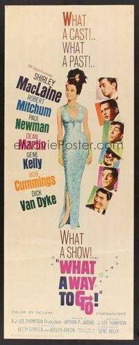 2d731 WHAT A WAY TO GO insert '64 Paul Newman, Mitchum, Dean Martin, full-length Shirley MacLaine!