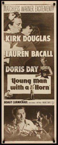 2d789 YOUNG MAN WITH A HORN insert R57 jazz man Kirk Douglas kisses sexy Lauren Bacall + Doris Day!