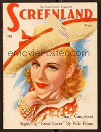2e141 SCREENLAND magazine August 1937 art of pretty Ginger Rogers in cool hat by Marland Stone!