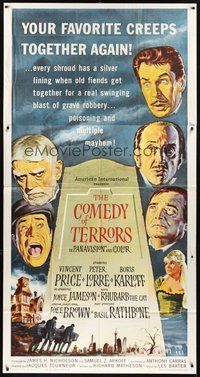 2f447 COMEDY OF TERRORS 3sh '64 Boris Karloff, Peter Lorre, Vincent Price, Joe E. Brown, Tourneur