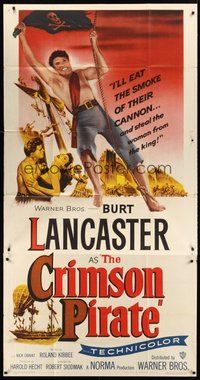 2f453 CRIMSON PIRATE 3sh '52 great image of barechested Burt Lancaster swinging on rope!