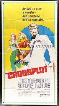 2f456 CROSSPLOT int'l 3sh '70 cool artwork of spy Roger Moore & sexy Claudie Lange!