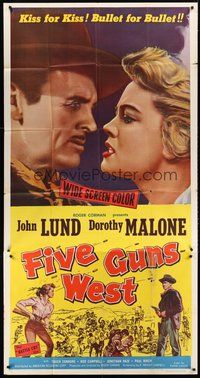 2f490 FIVE GUNS WEST 3sh '58 first Roger Corman, John Lund, Dorothy Malone, kiss for kiss!