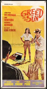 2f521 GREED IN THE SUN 3sh '65 artwork of Jean-Paul Belmondo pointing rifle at man with hands up!