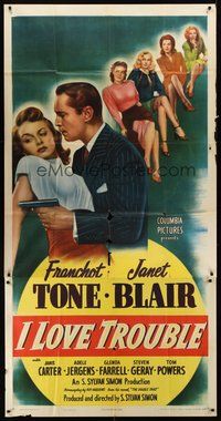 2f549 I LOVE TROUBLE 3sh '47 art of Franchot Tone holding gun & sexy Janet Blair!