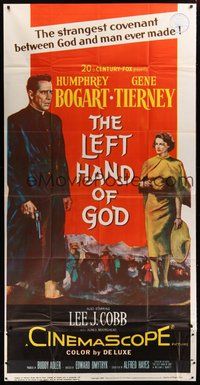 2f592 LEFT HAND OF GOD 3sh '55 artwork of priest Humphrey Bogart holding gun + sexy Gene Tierney!