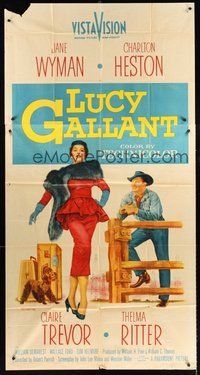 2f608 LUCY GALLANT 3sh '55 full-length art of Jane Wyman & cowboy Charlton Heston!