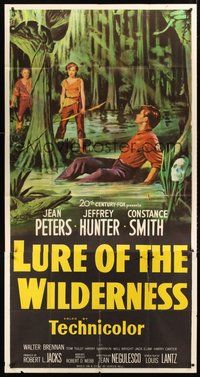 2f610 LURE OF THE WILDERNESS 3sh '52 artwork of sexy Jean Peters & Jeffrey Hunter in swamp!