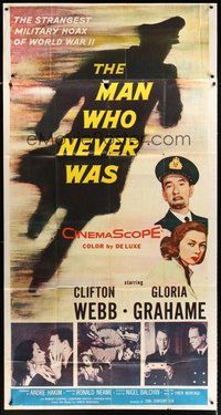 2f623 MAN WHO NEVER WAS 3sh '56 Clifton Webb, Gloria Grahame, strangest military hoax of WWII!