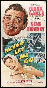 2f648 NEVER LET ME GO 3sh '53 romantic close up artwork of Clark Gable & sexy Gene Tierney!