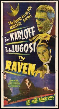 2f711 RAVEN 3sh R49 Boris Karloff & Bela Lugosi meet Edgar Allan Poe in this horror classic!